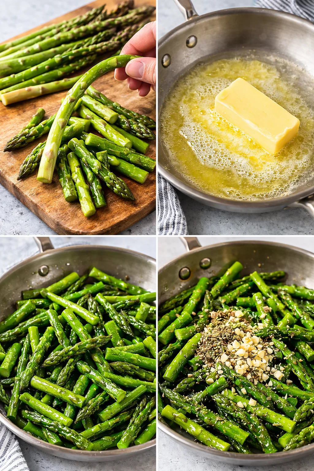 Trimmed asparagus pieces sizzling in melted butter in a skillet while garlic and seasonings are stirred in.