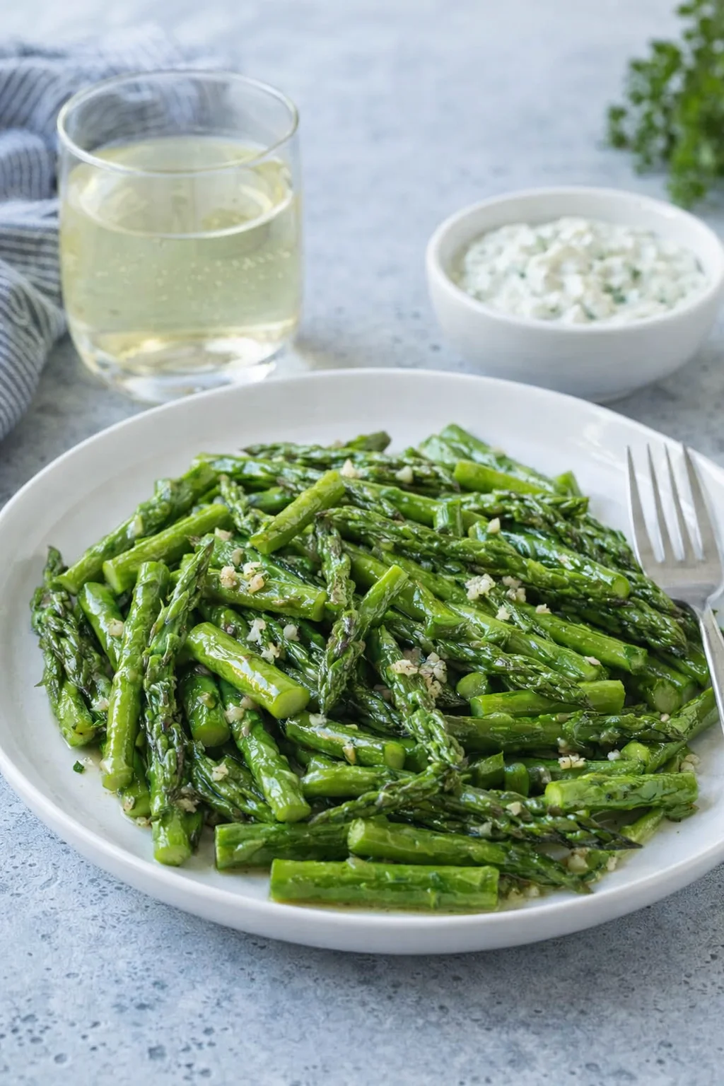 Alternative angle of Sauteed Asparagus served with a pairing