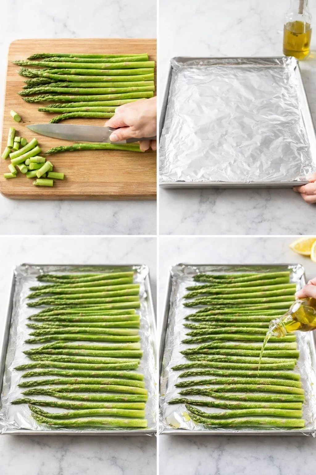 Trimmed asparagus stalks lined up on foil-lined baking sheet as olive oil and seasonings are drizzled.
