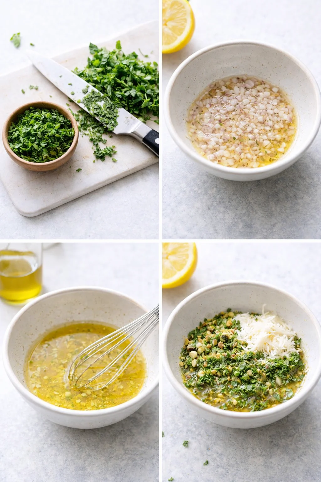 Shallots and lemon in bowl being whisked with olive oil, pistachios and grated cheese ready.
