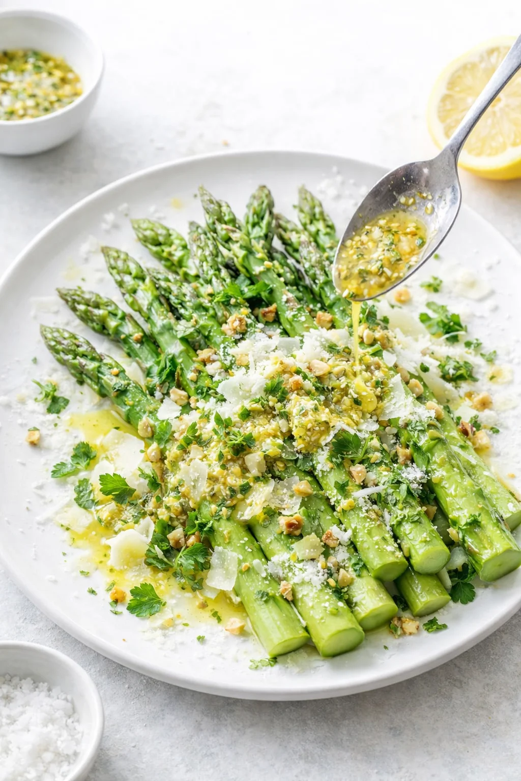 Steamed asparagus on platter being drizzled with vinaigrette, torn herbs and grated cheese sprinkled.