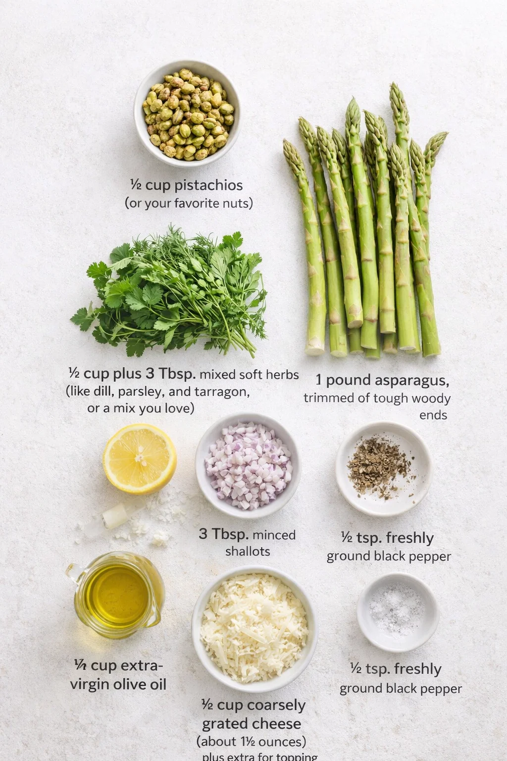 Measured ingredients arranged for Lemony Asparagus Salad With Shaved Cheese and Nuts: ¾ cup pistachios or your favorite nuts, 1 pound asparagus, trimmed of tough woody ends, ½ cup plus 3 tablespoons mixed soft herbs like