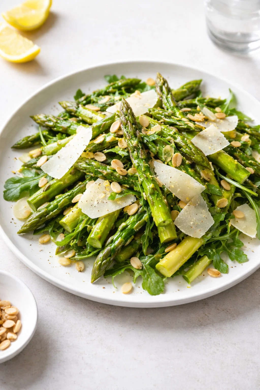 Final plated Lemony Asparagus Salad With Shaved Cheese and Nuts served as a hero shot