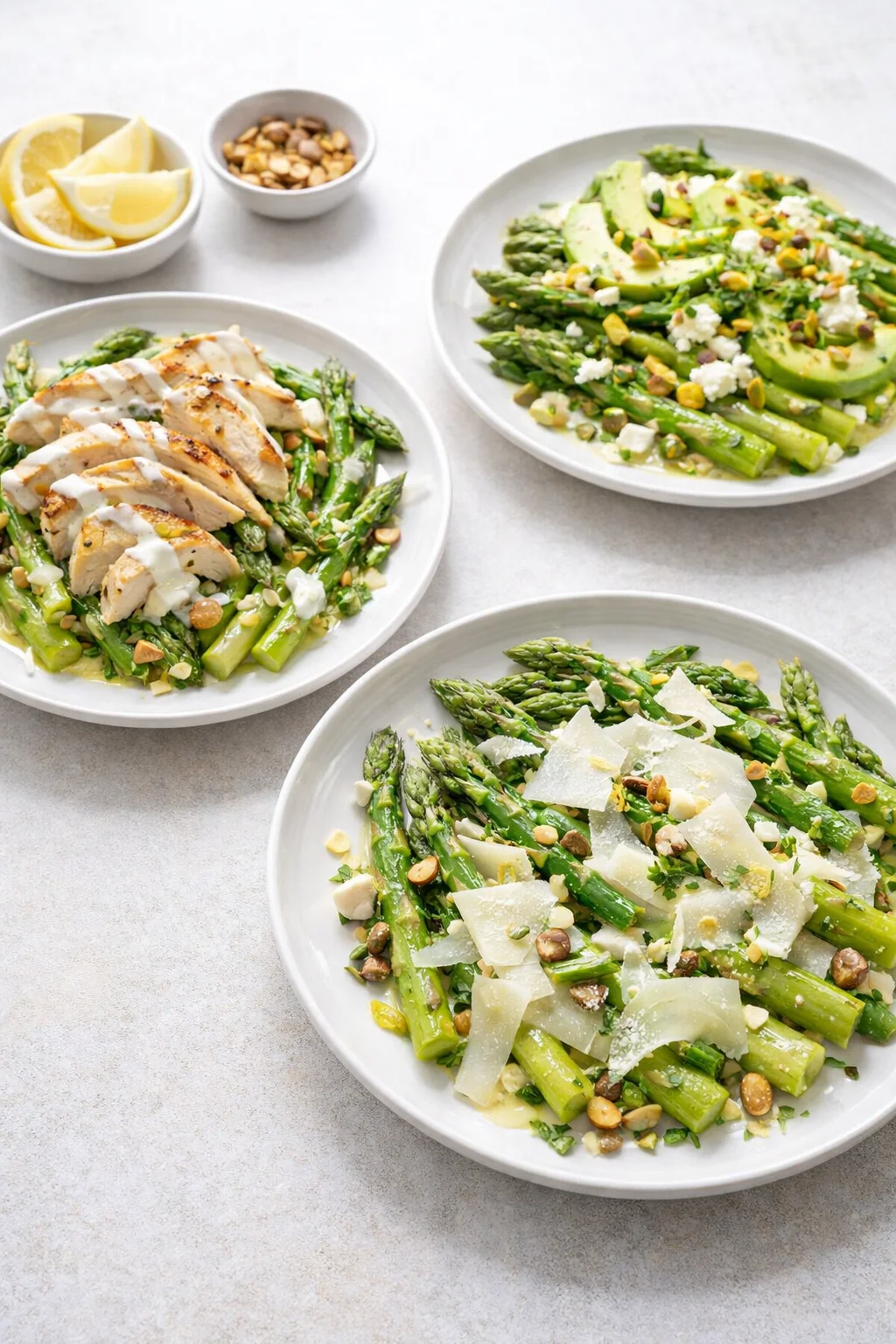 Variation ideas for Lemony Asparagus Salad With Shaved Cheese and Nuts shown in a styled layout