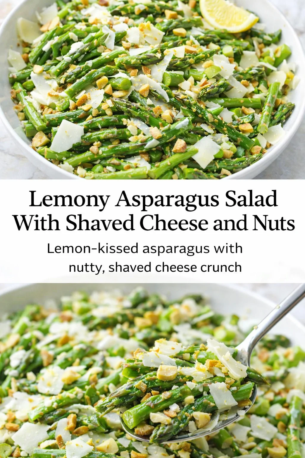 Pinterest-style image for Lemony Asparagus Salad With Shaved Cheese and Nuts with centered text overlay