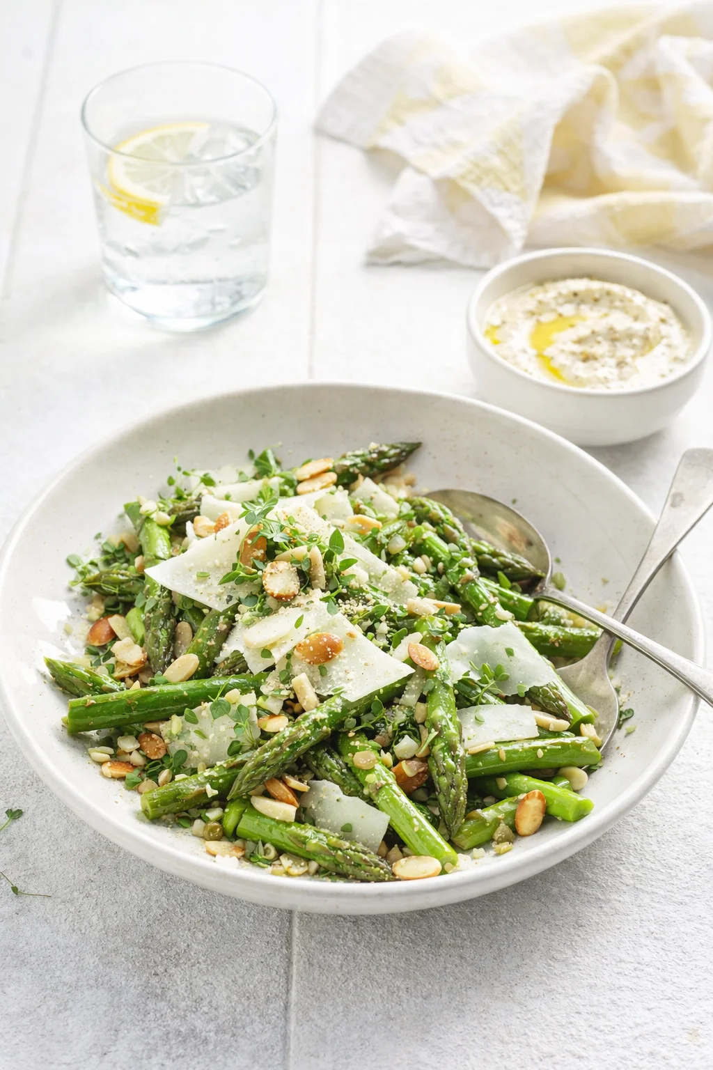 Alternative angle of Lemony Asparagus Salad With Shaved Cheese and Nuts served with a pairing