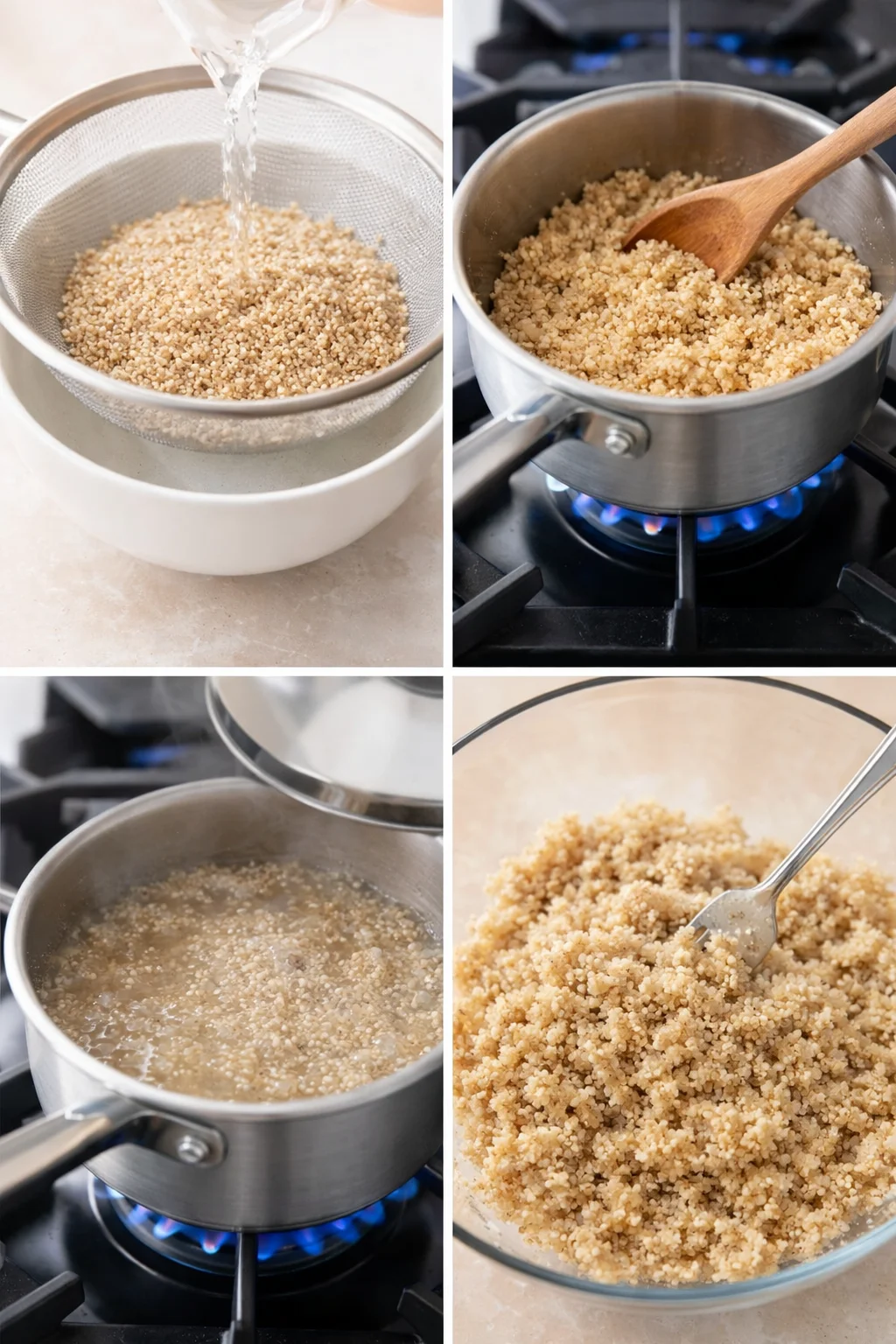 Fork fluffing cooked quinoa in a large bowl, steam rising and salt visible sprinkled