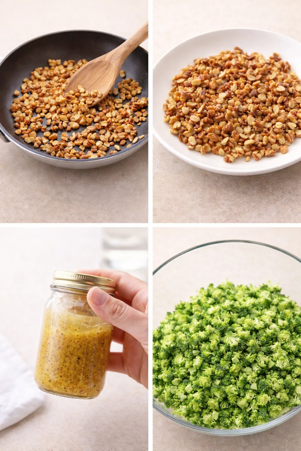 Hand shaking a jar of vinaigrette while toasted nuts cool on a white plate nearby