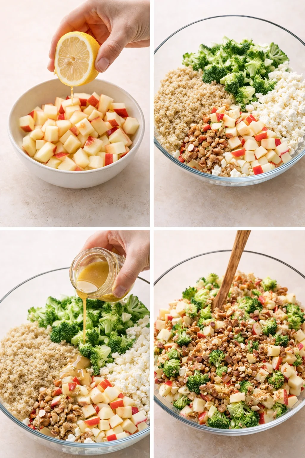 Large bowl of quinoa salad being tossed with dressing, showing apples, broccoli, feta, and nuts