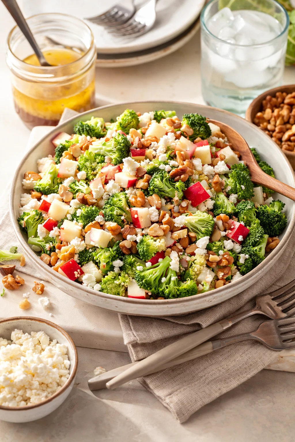 Alternative angle of Broccoli Apple Quinoa Salad served with a pairing