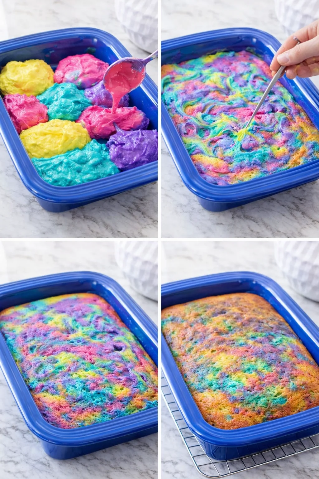 Pan filled with alternating pastel batters, gentle toothpick swirls creating soft marbled pattern.