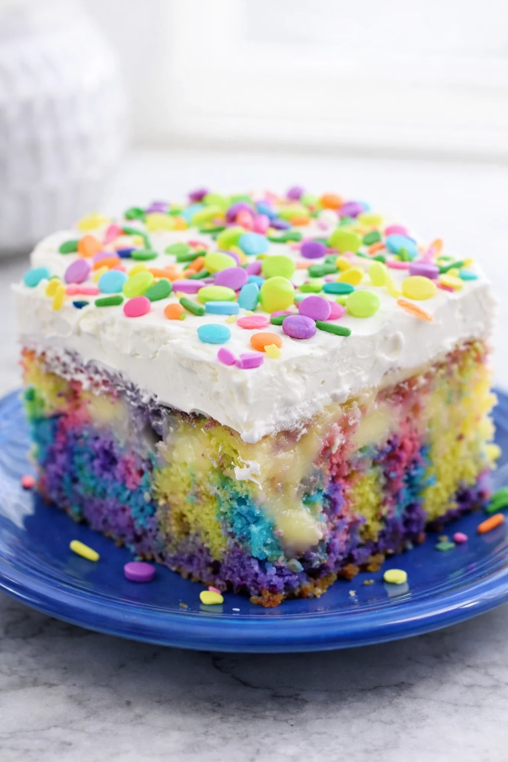 Final plated Easter Poke Cake with Cheesecake Pudding (Easy Bunny Cake Recipe) served as a hero shot