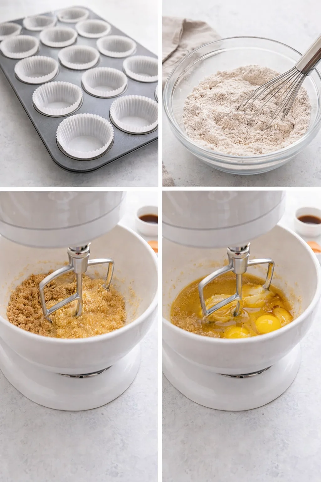 Paper-lined muffin tin, bowl of whisked dry ingredients, mixer combining sugars, oil, and eggs.