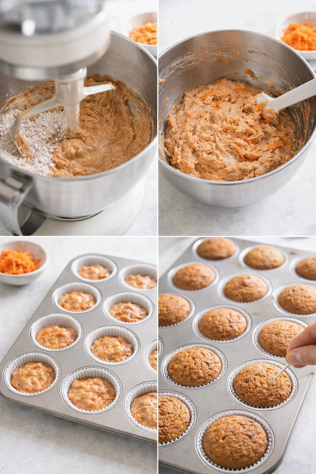 Thick carrot batter being folded in and spooned into liners, tin filled about two-thirds.