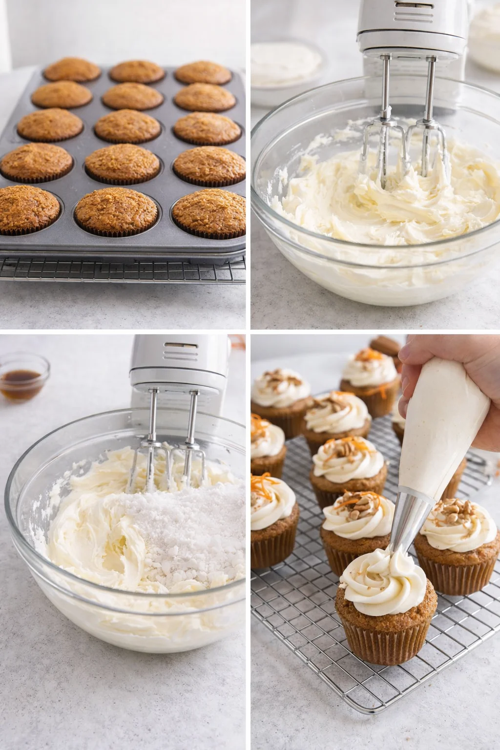 Cooled cupcakes on a wire rack being frosted with cream cheese icing from a piping bag.