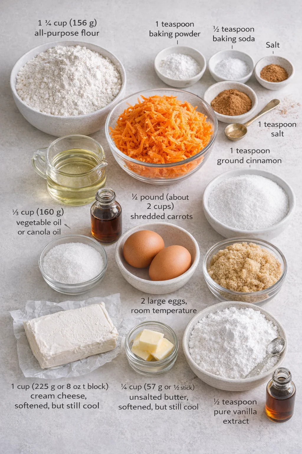 Measured ingredients arranged for Easy Carrot Cake Cupcakes: 1 ¼ cup (156 g) all-purpose flour, 1 teaspoon baking powder, ½ teaspoon baking soda, ½ teaspoon salt, 1 teaspoon ground cinnamon, ¼ teaspoon ground nutmeg