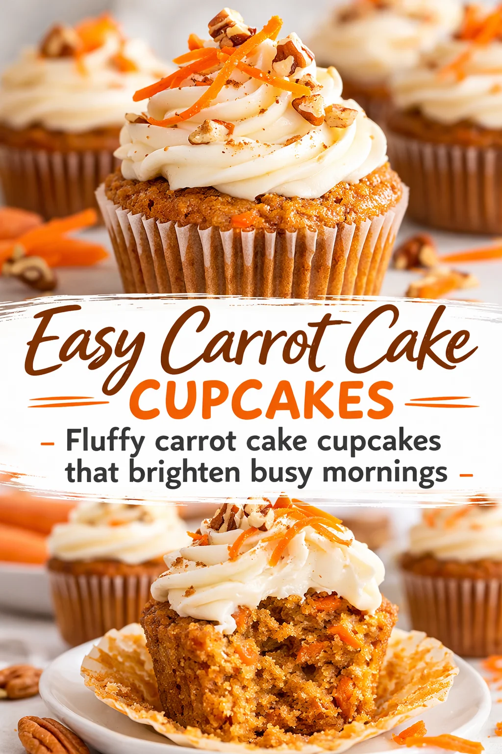 Pinterest-style image for Easy Carrot Cake Cupcakes with centered text overlay