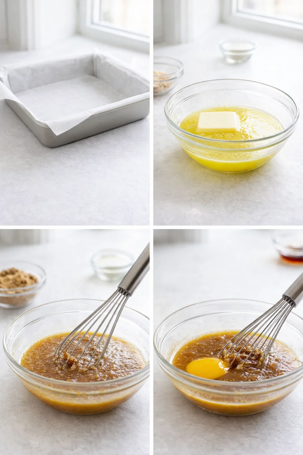 Bowl with melted butter and brown sugar being whisked, egg and vanilla added.