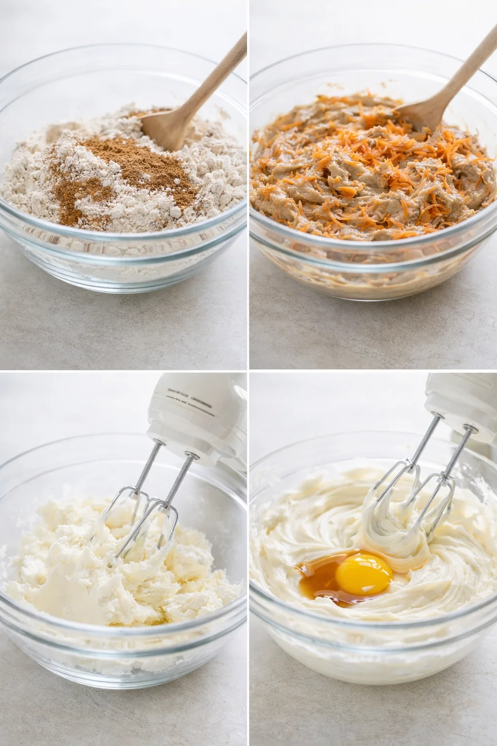 Two bowls: carrot batter folded with shredded carrots, cream cheese beaten smooth with sugar.