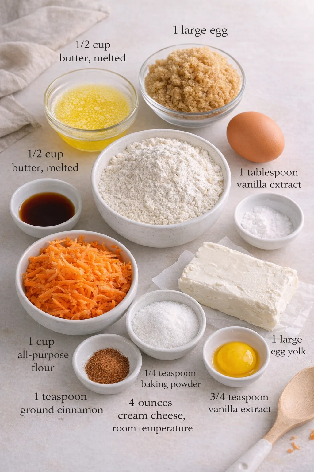 Measured ingredients arranged for Carrot Cake Bars: 1/2 cup butter melted, 1 cup light brown sugar packed, 1 large egg, 1 tablespoon vanilla extract, 1 cup all-purpose flour, 1 teaspoon ground cinnamon