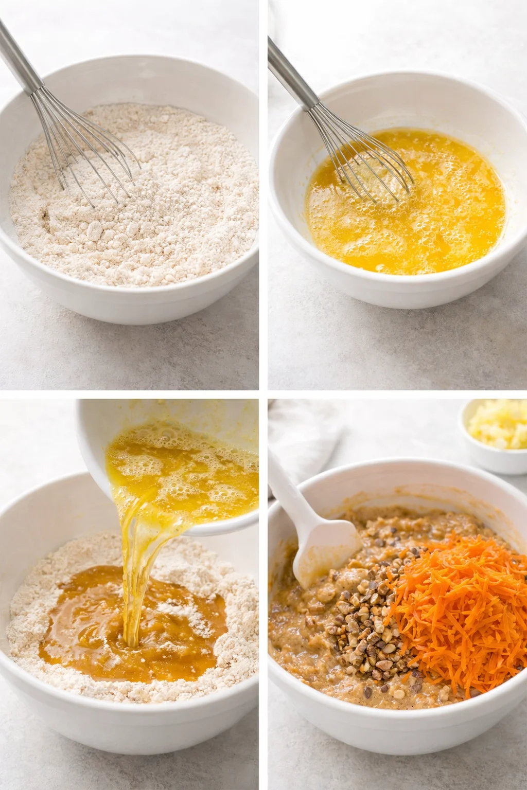 Wet and dry bowls on counter; batter being gently folded with spatula, visible streaks, and grated carrots.