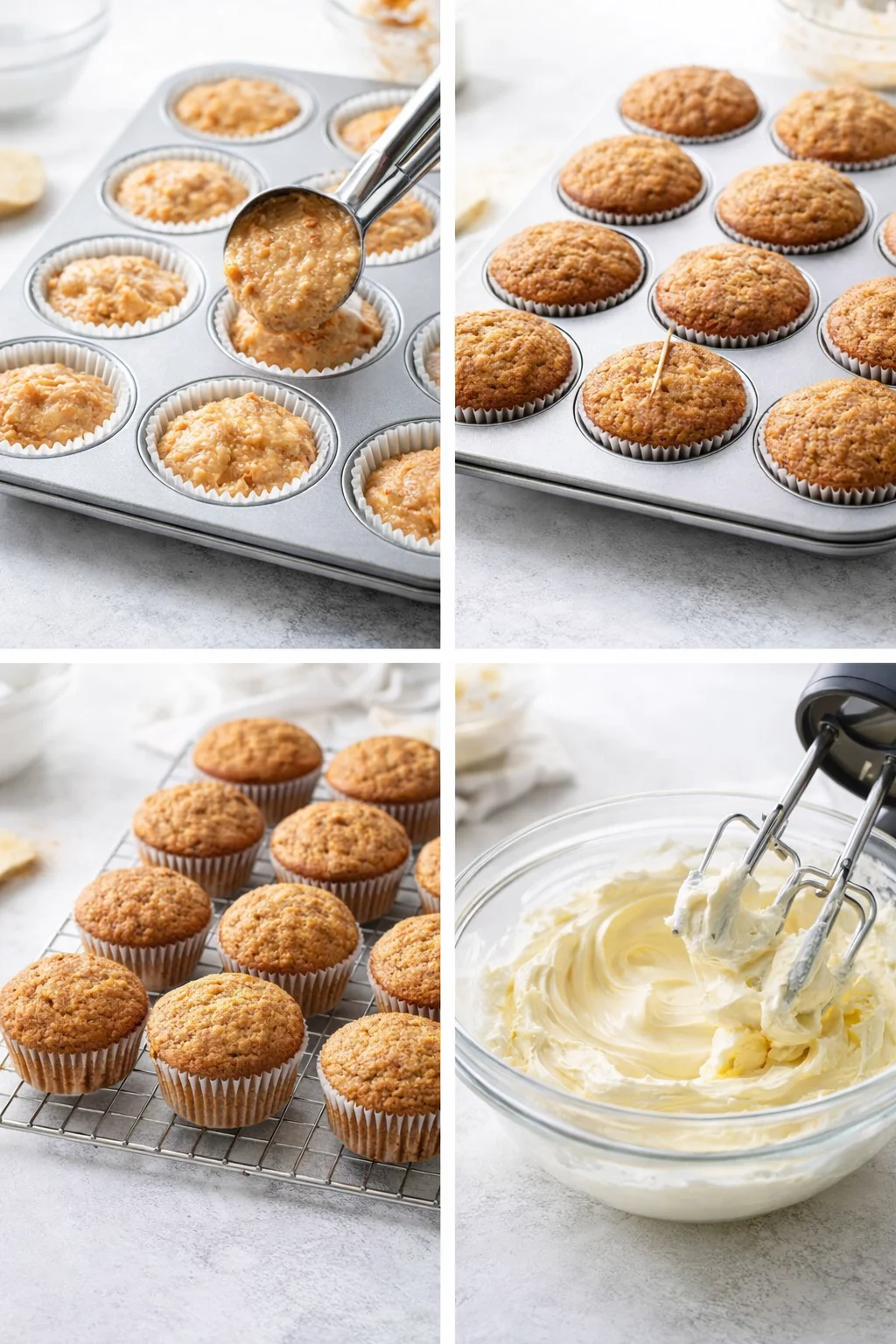 Batter being spooned into lined muffin cups, baked golden muffins cooling on rack, frosting whipped smooth.