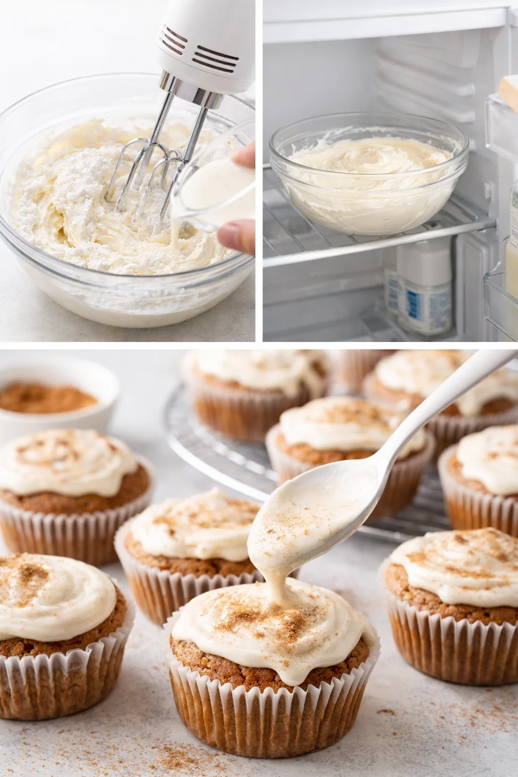Cream cheese frosting spread across cooled muffins, a hand sprinkling ground cinnamon on top.