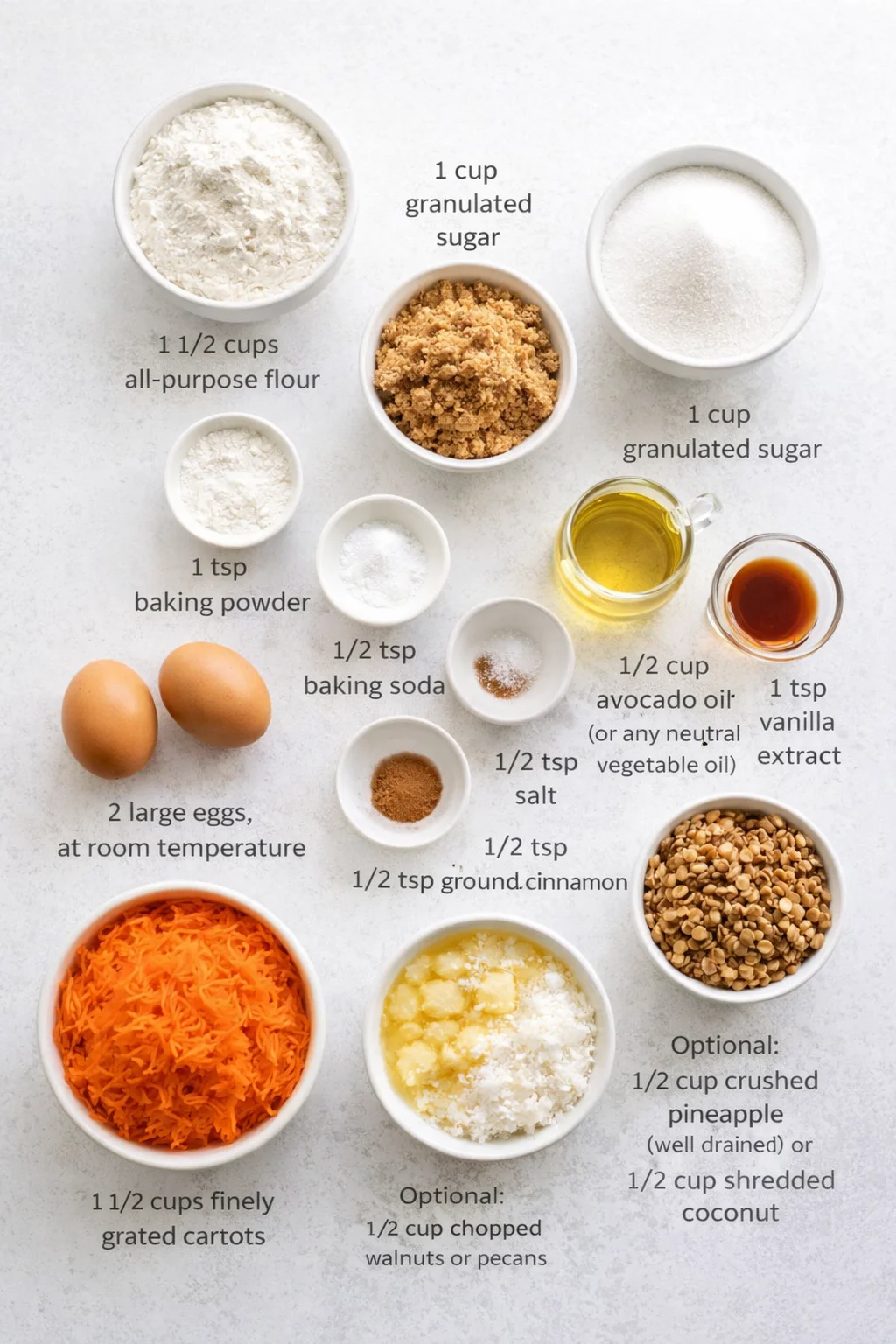 Measured ingredients arranged for Super Moist Carrot Cake Muffins with Cream Cheese Icing: 1 1/2 cups all-purpose flour, 1 cup granulated sugar, 1/2 cup brown sugar, 1 tsp baking powder, 1/2 tsp baking soda, 1/2 tsp salt