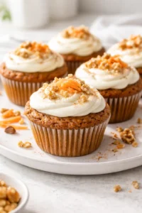 Final plated Super Moist Carrot Cake Muffins with Cream Cheese Icing served as a hero shot