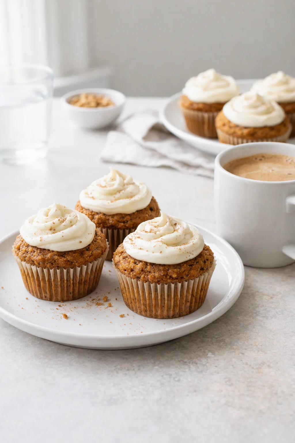 Alternative angle of Super Moist Carrot Cake Muffins with Cream Cheese Icing served with a pairing