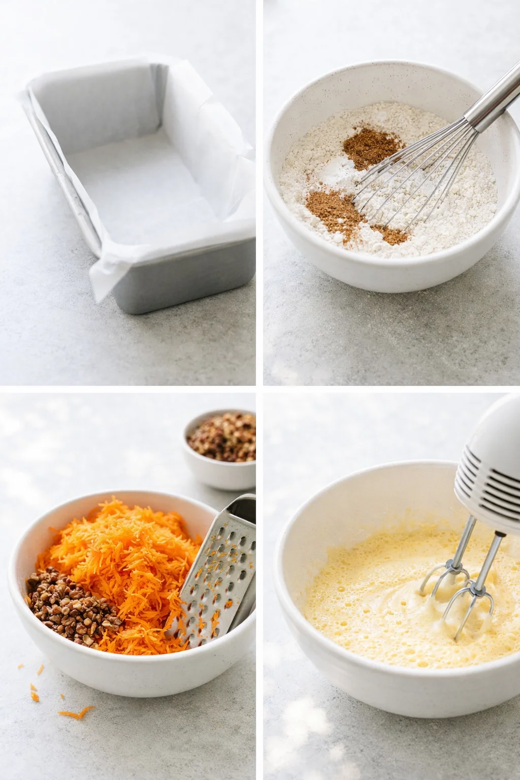 Parchment-lined 4×8 loaf pan beside bowls of dry ingredients, grated carrots, and fluffy beaten eggs.