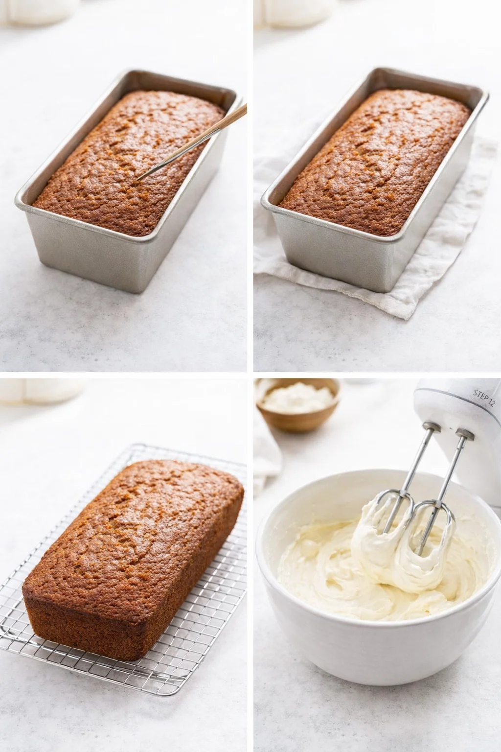 Golden loaf cooling on a wire rack beside a mixer bowl of smooth cream cheese frosting.