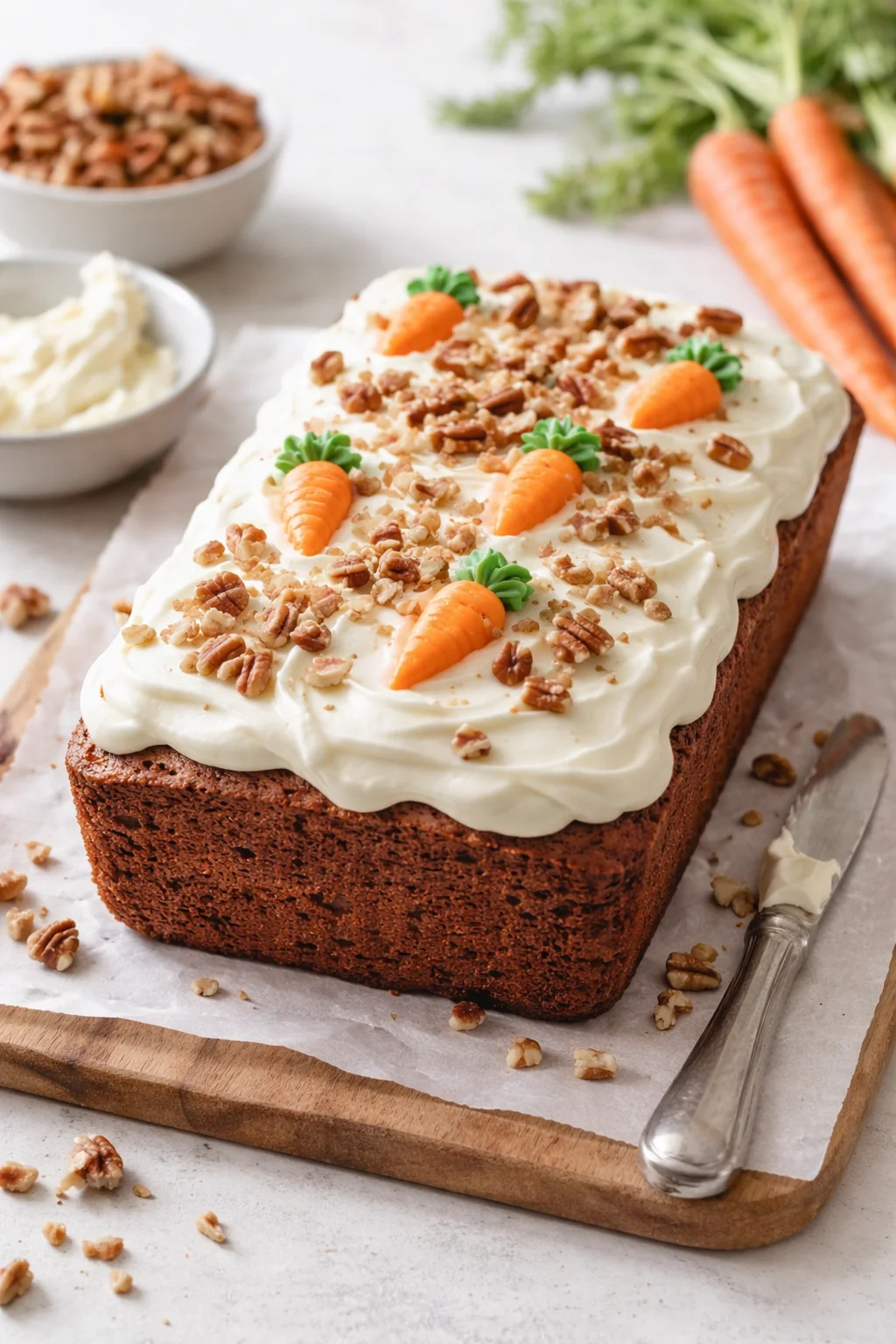 Spreading cream cheese frosting over loaf, finishing with chopped pecans and piped carrot decorations.