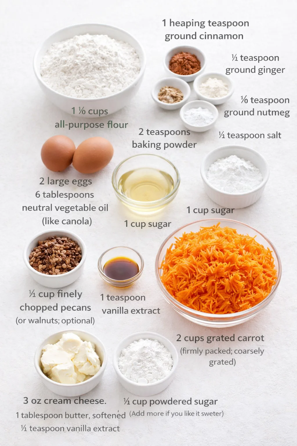 Measured ingredients arranged for Carrot Loaf Cake Recipe (with Cream Cheese Frosting!) - Savory Nothings: 1 ¾ cups all-purpose flour, 1 heaping teaspoon ground cinnamon, ½ teaspoon ground ginger, ⅛ teaspoon ground nutme