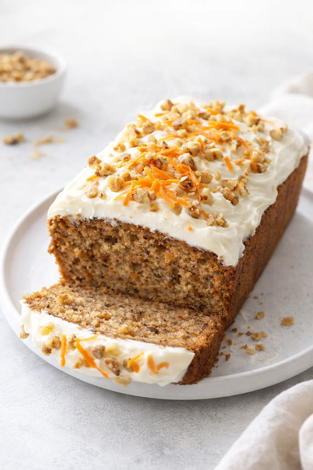 Final plated Carrot Loaf Cake Recipe (with Cream Cheese Frosting!) - Savory Nothings served as a hero shot