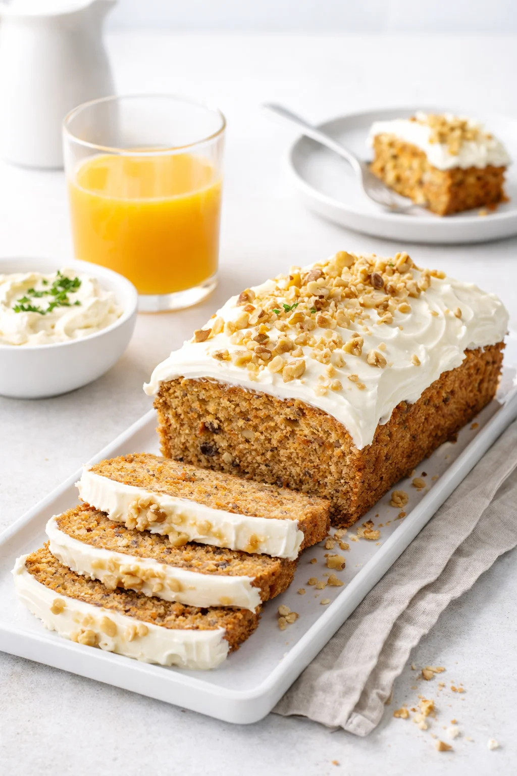 Alternative angle of Carrot Loaf Cake Recipe (with Cream Cheese Frosting!) - Savory Nothings served with a pairing
