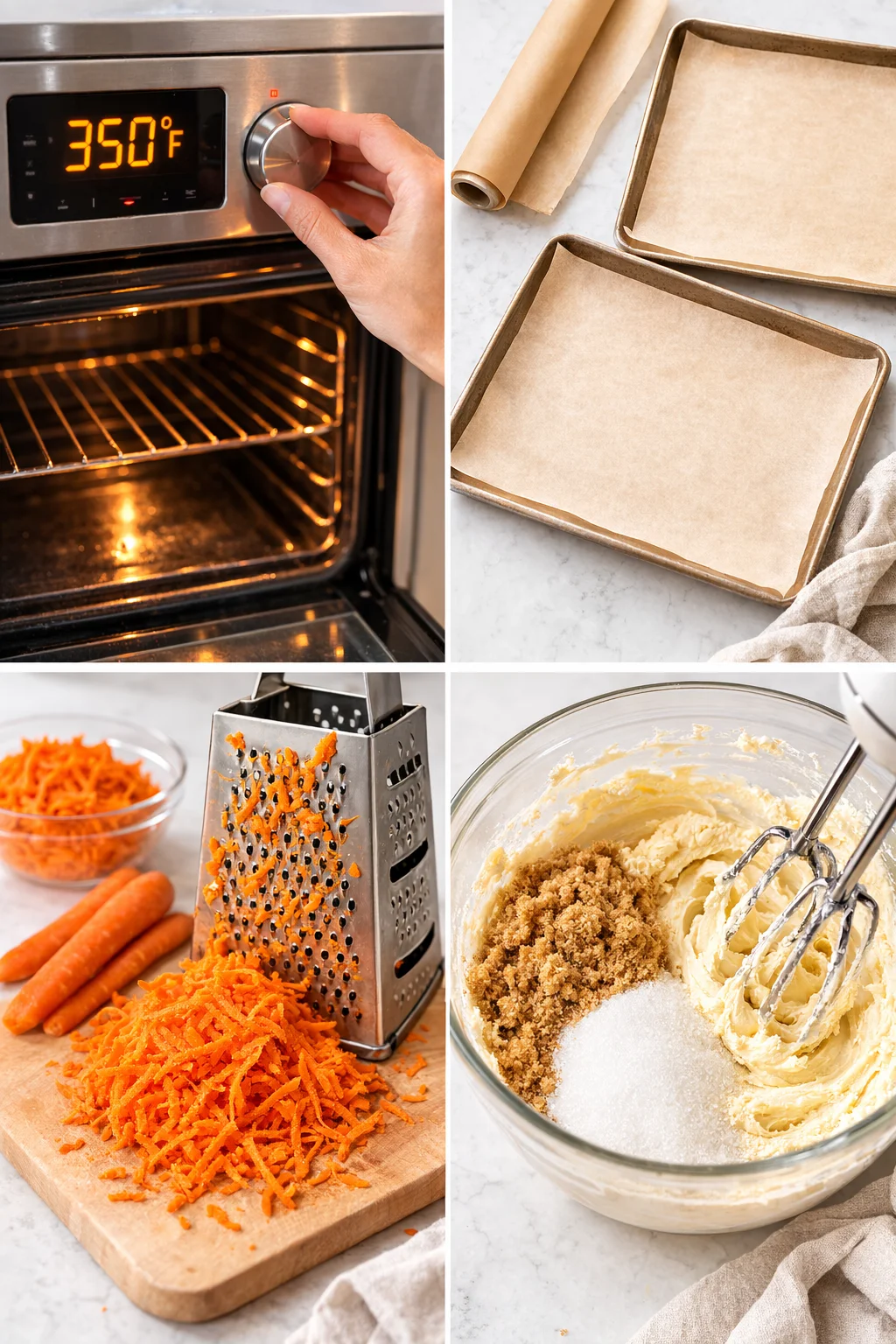 Stand mixer bowl with light, fluffy creamed butter and sugars, grated carrots and parchment-lined sheet nearby.