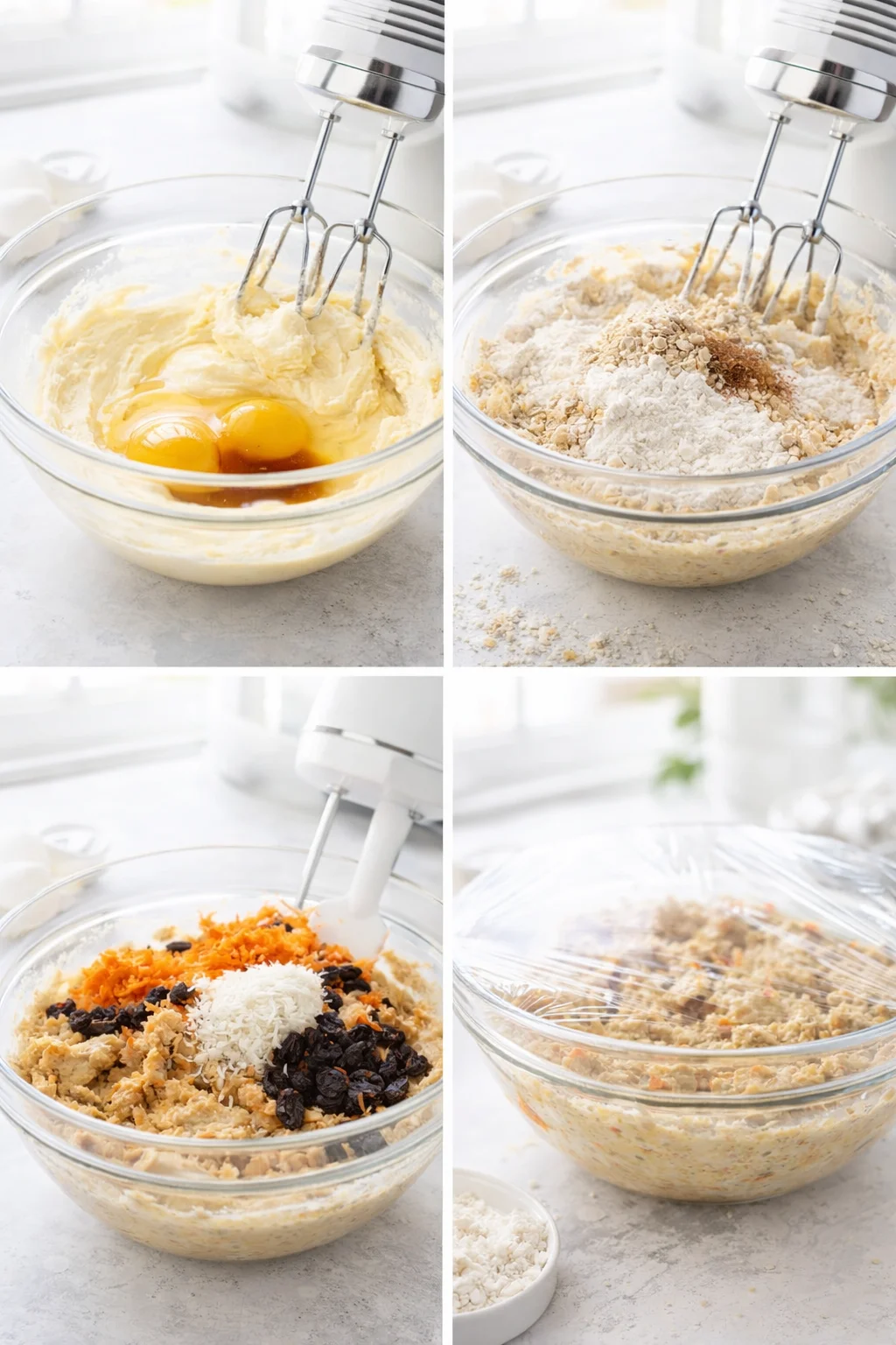 Mixing bowl with cookie dough studded with oats, finely grated carrots, coconut flakes, and raisins.