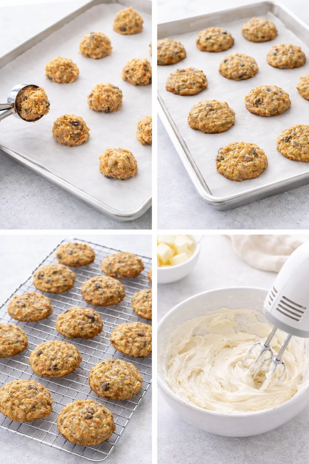 Baked cookies cooling on a wire rack with a nearby bowl of smooth cream cheese frosting.