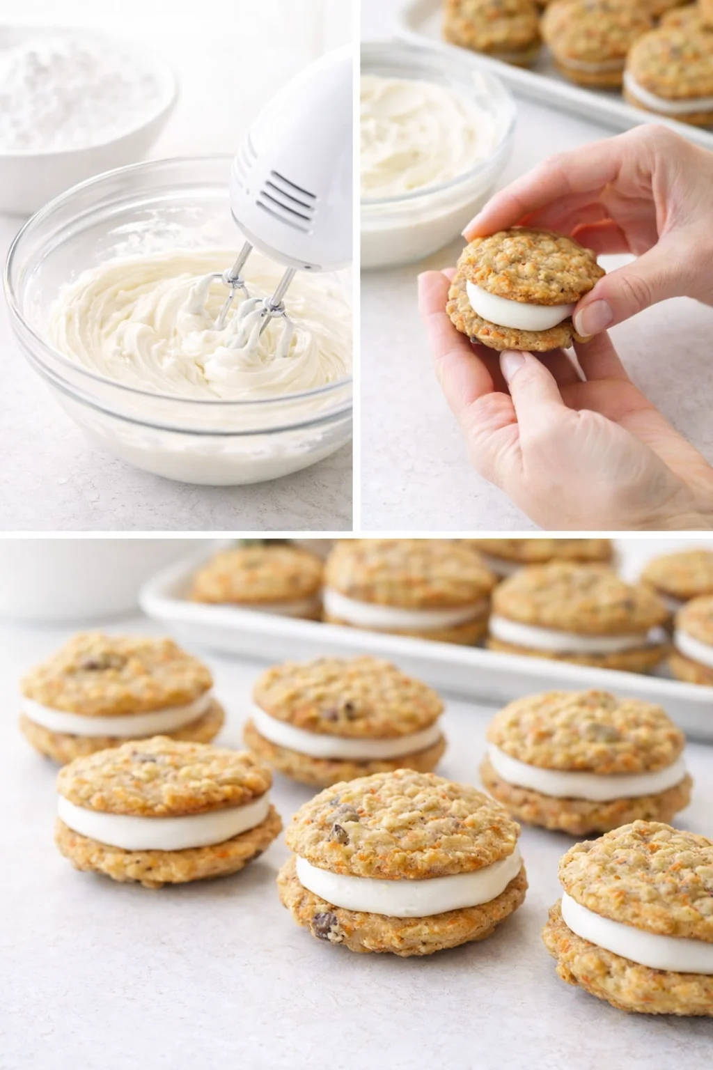 Two cookies being sandwiched with creamy frosting spread to the edges, resting to set.