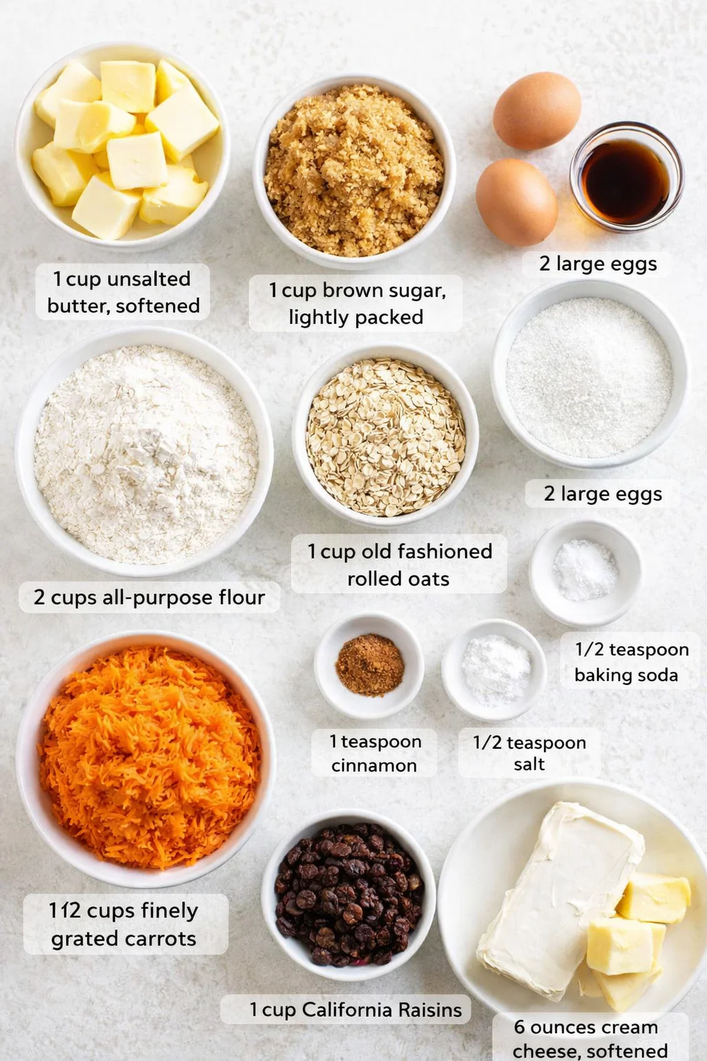 Measured ingredients arranged for Carrot Cake CookiesRecipe - Bake. Eat. Repeat.: 1 cup unsalted butter, softened, 1 cup brown sugar, lightly packed, 1 cup granulated sugar, 2 large eggs, 1 teaspoon vanilla, 2 cups all-p