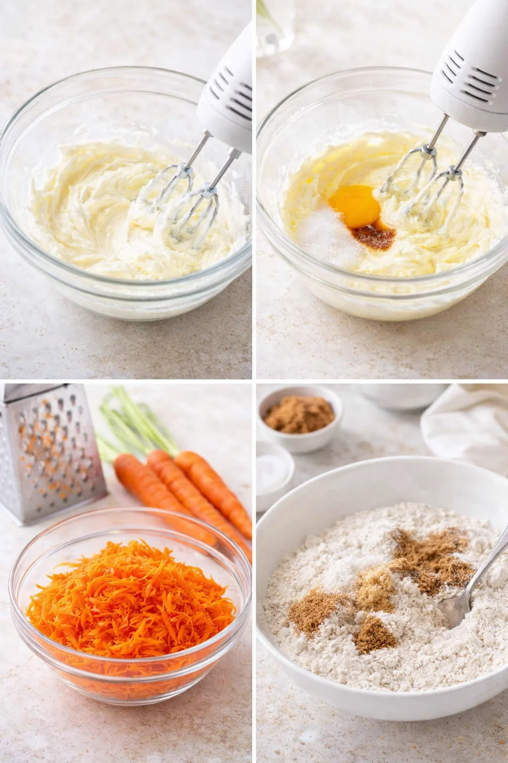 Electric mixer smoothing cream cheese in bowl beside grated carrots and measured dry ingredients.