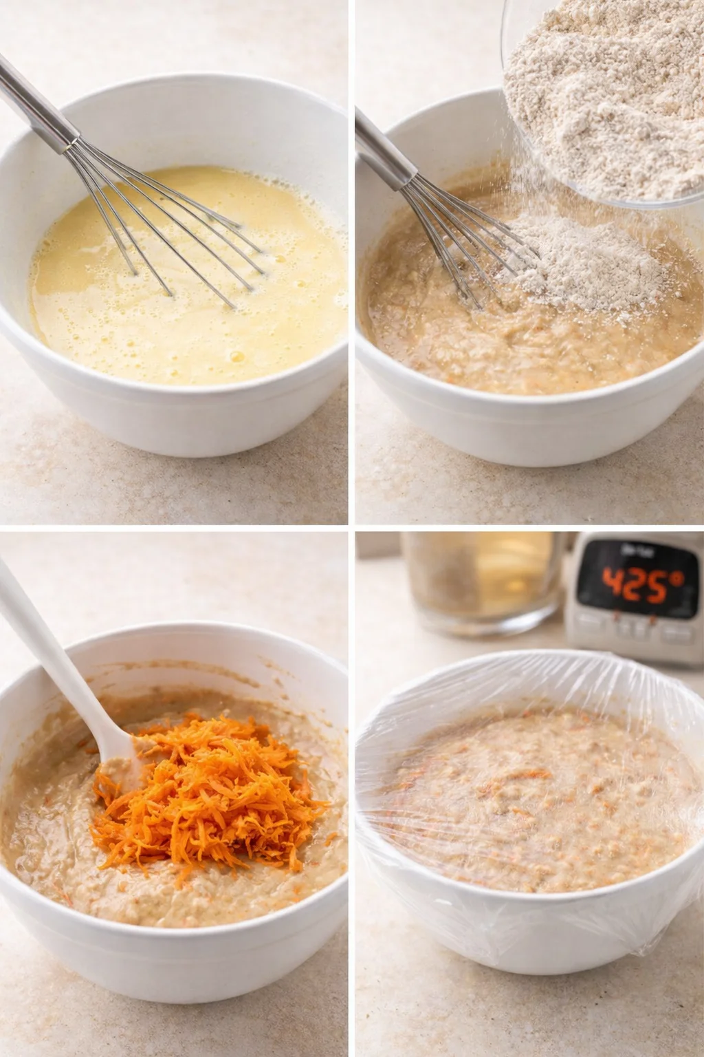 Spatula folding grated carrots into mixed wet and dry batter in covered bowl.