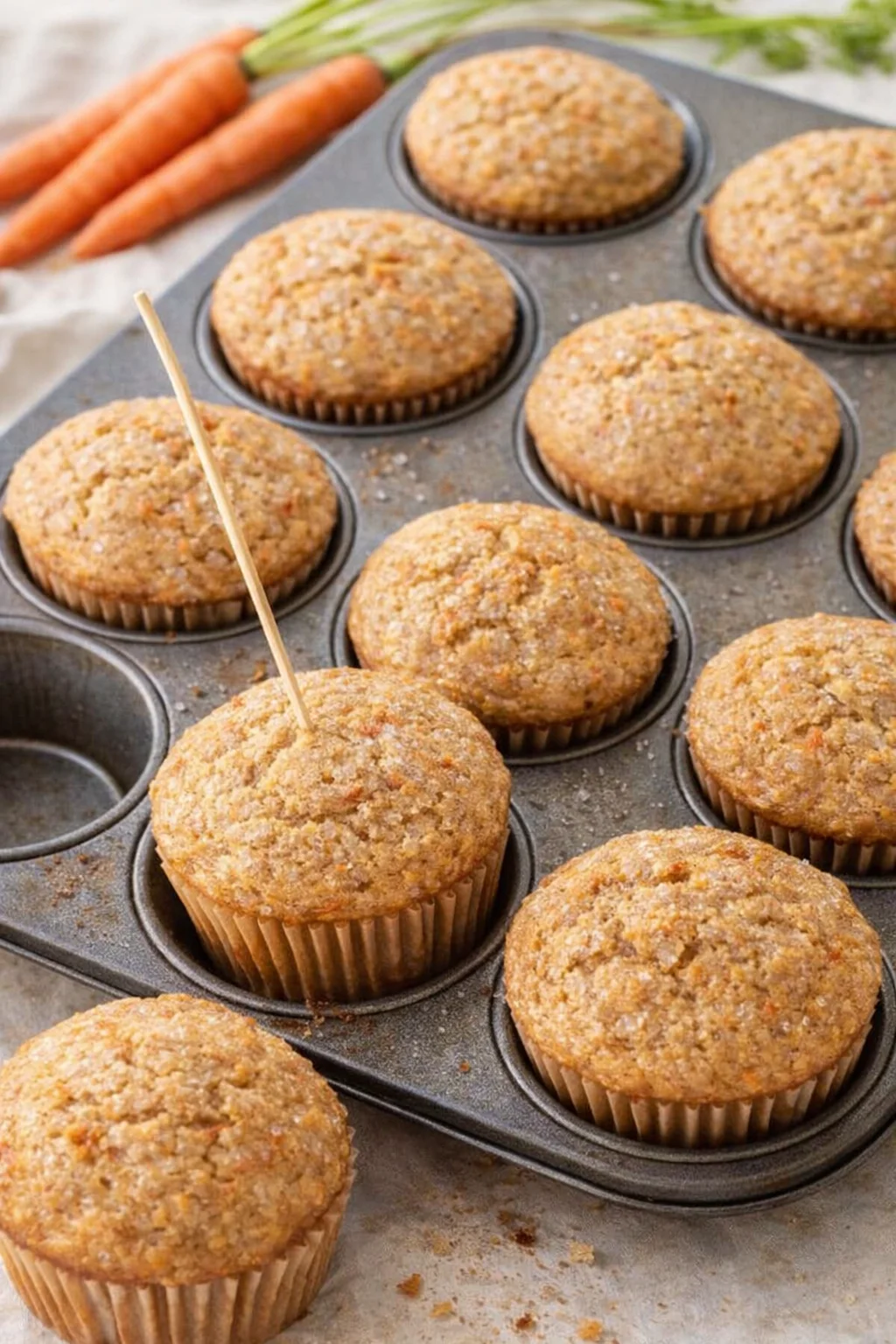 Golden-brown muffins cooling in metal muffin pan after baking, steam rising slightly.