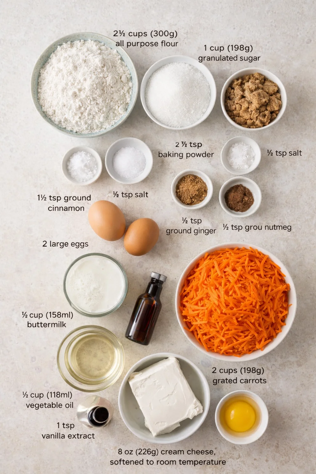 Measured ingredients arranged for The Best Carrot Muffin Recipe: 2 ½ cups (300g) all-purpose flour, 1 cup (198g) granulated sugar, ½ cup (107g) brown sugar, 2 tsp baking powder, ½ tsp salt, 1 ½ tsp ground cinnamon