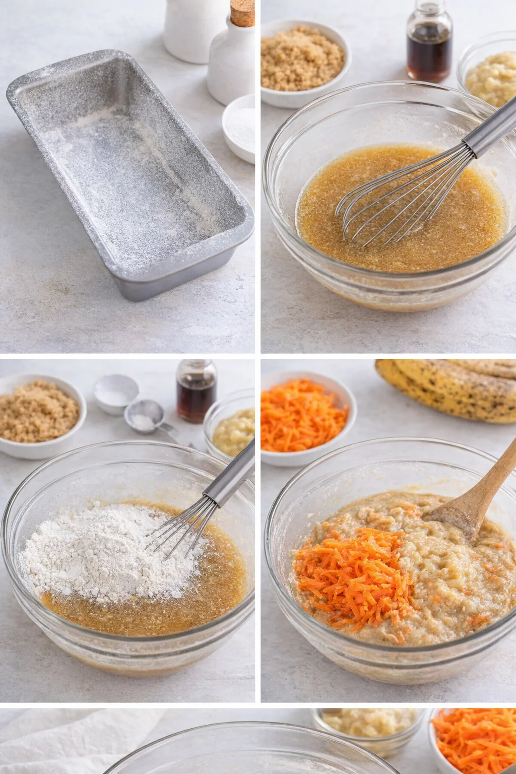 Hands folding coarsely grated carrots and mashed bananas into pale batter in a mixing bowl.