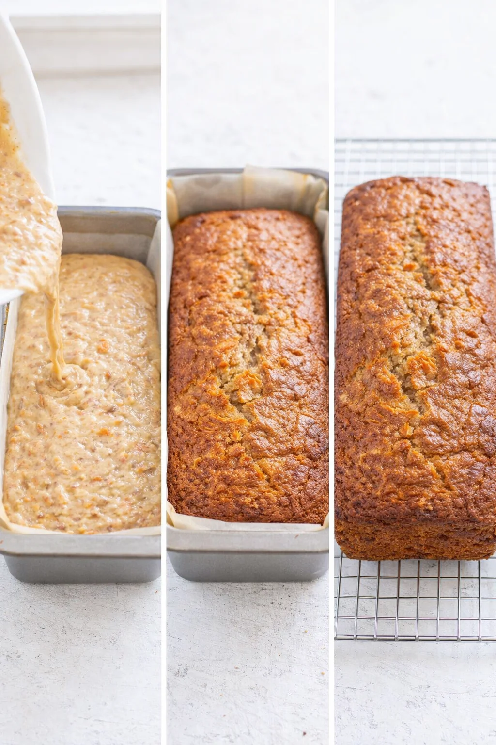 Golden-brown carrot banana loaf cooling on a wire rack after baking, greased loaf pan beside it.
