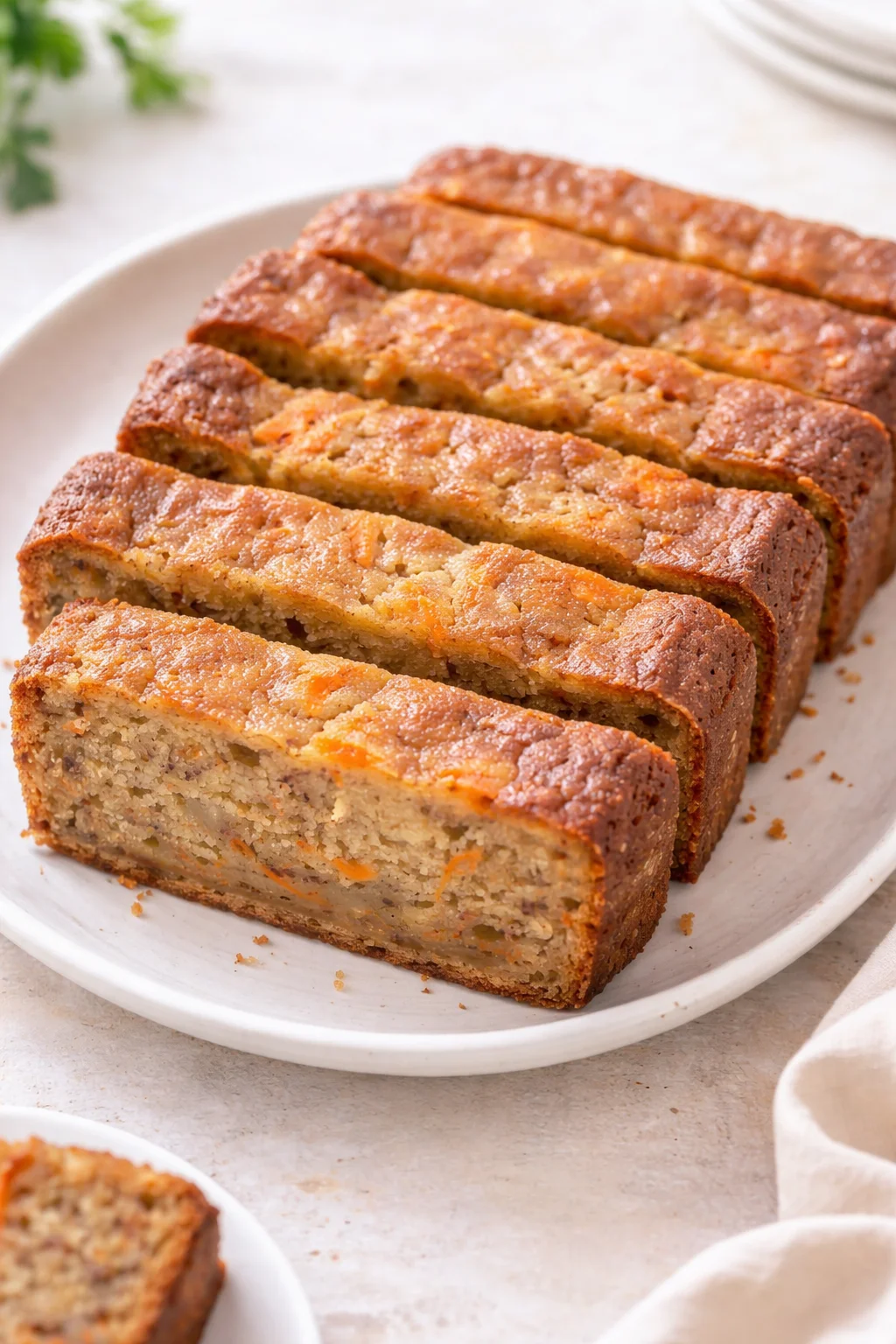 Final plated Carrot Banana Bread served as a hero shot