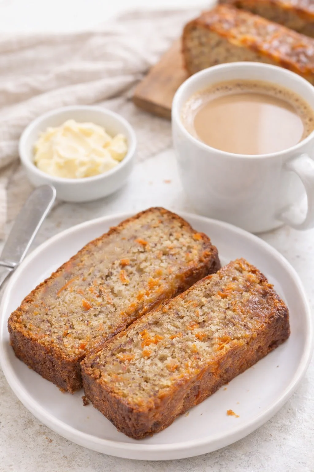 Alternative angle of Carrot Banana Bread served with a pairing