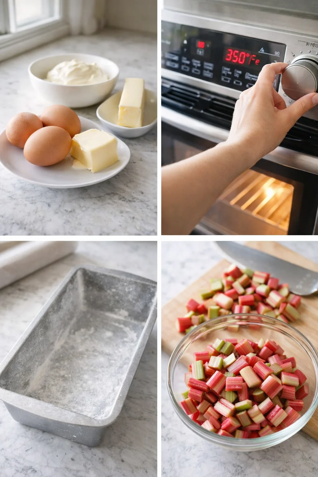Eggs at room temperature, greased loaf pan, and chopped rhubarb pieces ready